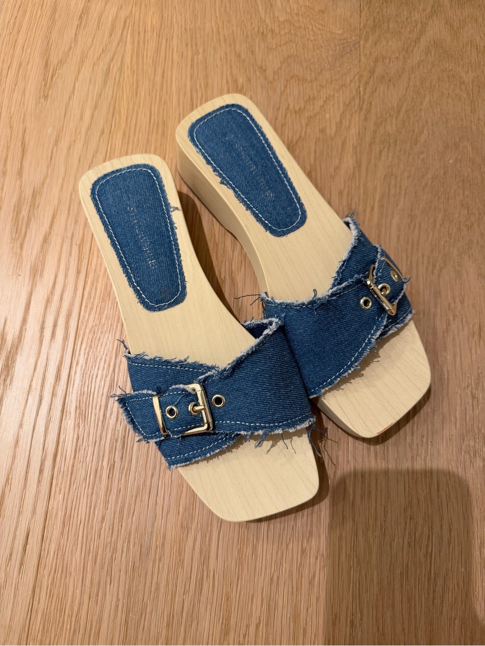 Denim Buckle Slide Sandals - Blue